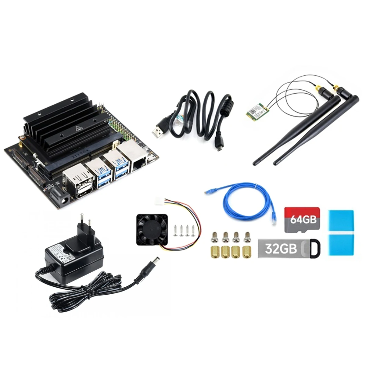 

Макетный комплект для Jetson Nano 4G с сетевым кабелем + сетевая карта + USB-накопитель 32 ГБ + SD-карта 64 ГБ + считыватель + кабель питания (штепсельная Вилка европейского стандарта)