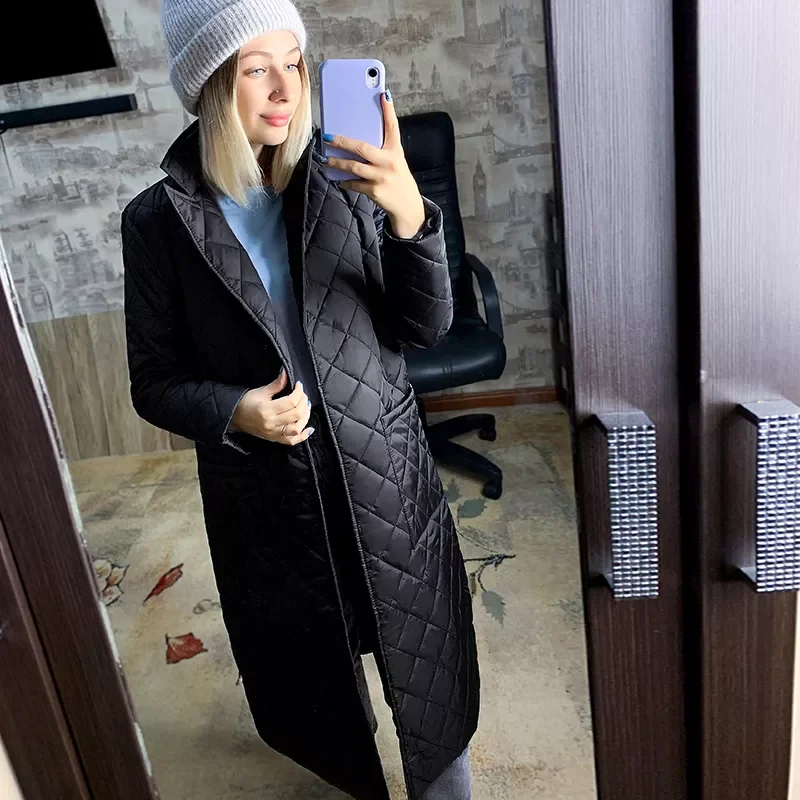 

NEW IN 's for women 2021 Long winter coat rhombus pattern Casual sashes women parkas Deep pockets tailored collar coat femal