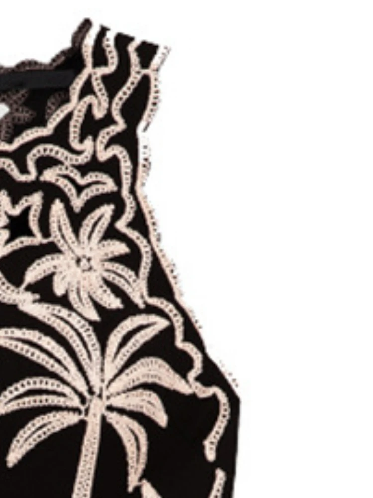 2023 Summer Black Wavy Edge Embroidery Sleeveless Round Neck Hollow A-line Dress Women