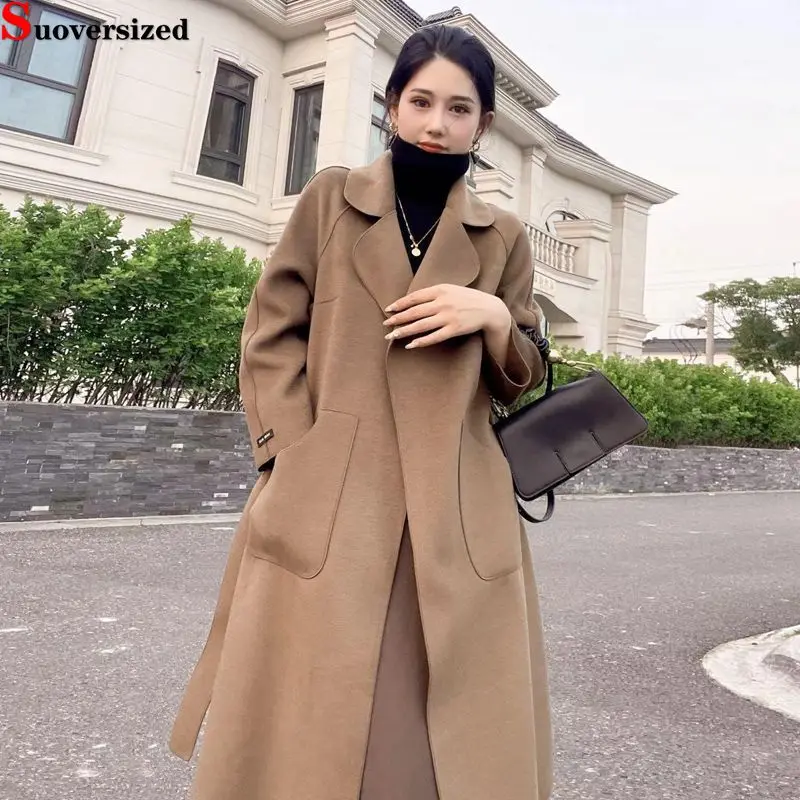 

Korean Fashion Long Blend Wool Jackets Thicken Unlined Plush Belt Casual Overcoat 2023 Winter Women's Warm Woolen Trench Coats