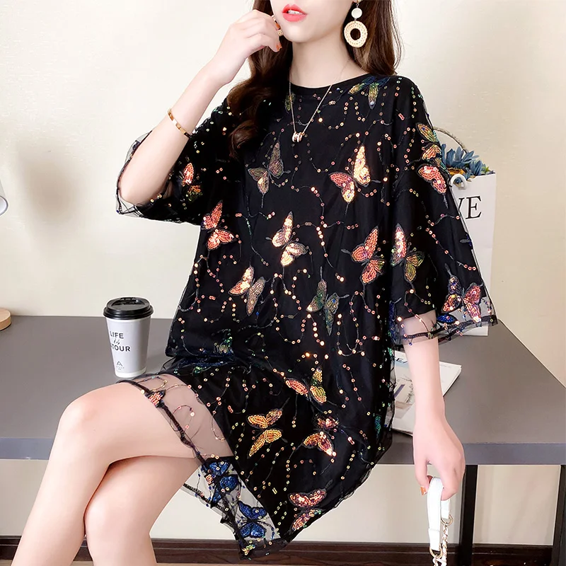 

Женское кружевное платье-футболка с вышивкой бабочки и коротким рукавом, новинка 2021, корейские свободные повседневные сетчатые блестящие п...