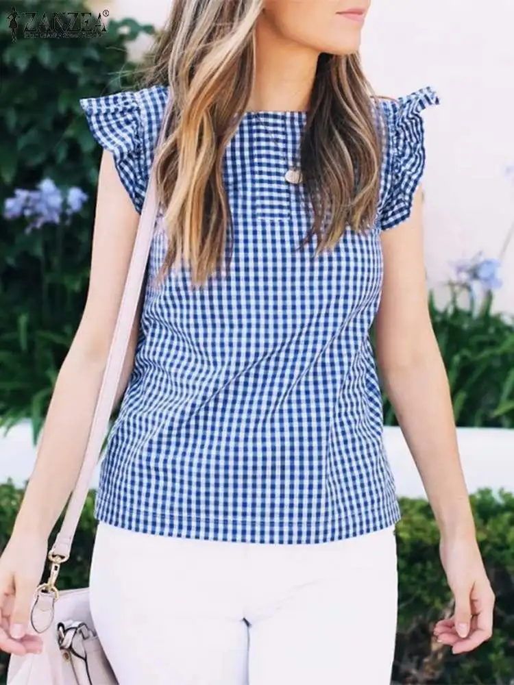 

Летняя Повседневная Уличная рубашка ZANZEA, женская блузка в клетку с принтом, Женская туника с круглым вырезом и коротким рукавом, топы, модная офисная рубашка 2023