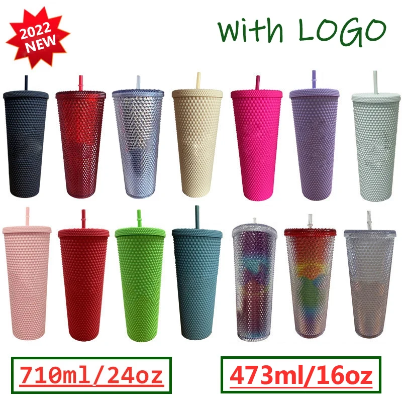 

710ml/473ml Straw Cup With Lid Diamond Radiant Coffee Mugs With Logo Reusable Durian Cup Kitchen Accessories Wholesale Drinkware