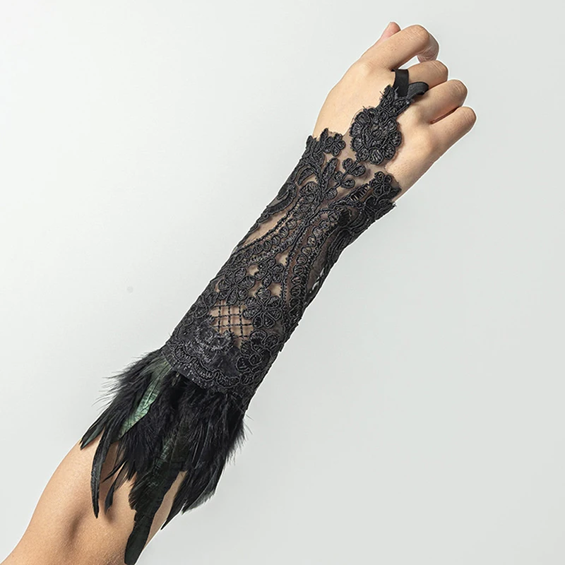 

Women's Lace Feather Long Fingerless Gloves Bracelet Gothic Mesh Cuff Wedding Halloween Party Accessories