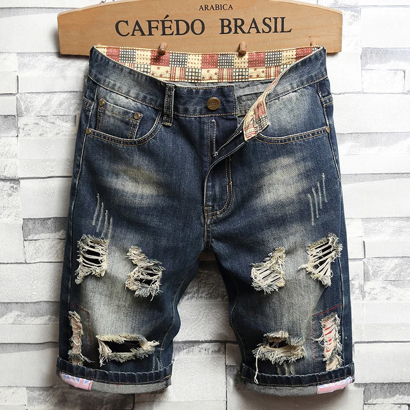 

2023 Summer New Style Men's Washed Retro Ripped Stitching Short Jeans Ripped Holes Slim Trendy Brand Five-point Pants Men's Deni