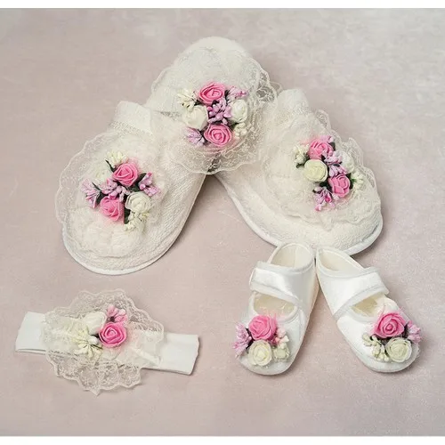 

Mother Baby Birth Set Maternity Ta Slipper Baby Beanie Booties Turkish Quality 2021 Fashion