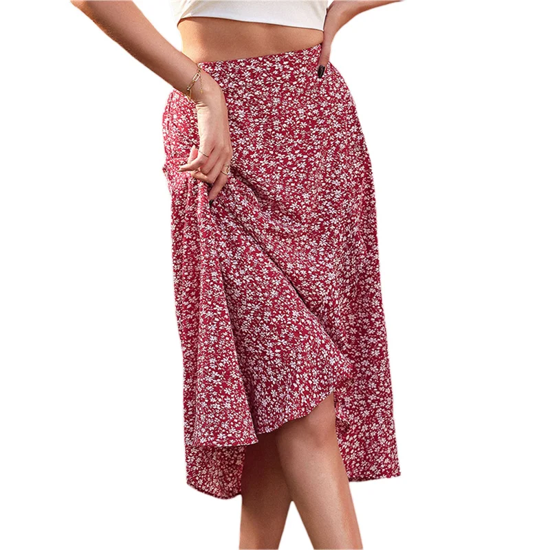 

hirigin Vintage Women Long Maxi Skirts Floral Print Irregular Design Ruffles Pleated High Waist Beach Skirts Bohemian Style 2022