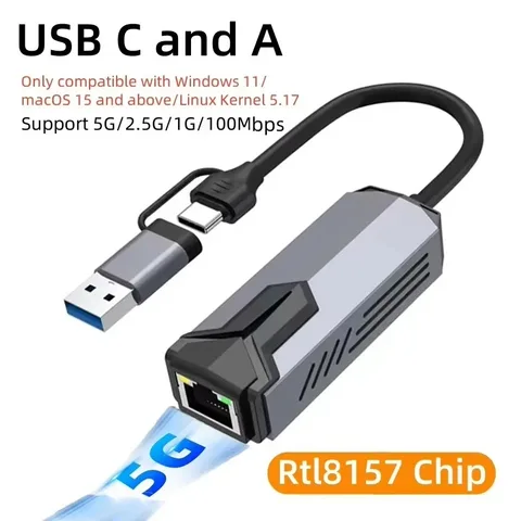 Адаптер сетевой карты 5000 Мбит/с USB/Type-C к RJ45 Адаптер 5 Гбит/с USB 3.0 Проводной гигабитный преобразователь сетевой карты HUB для ноутбука ПК