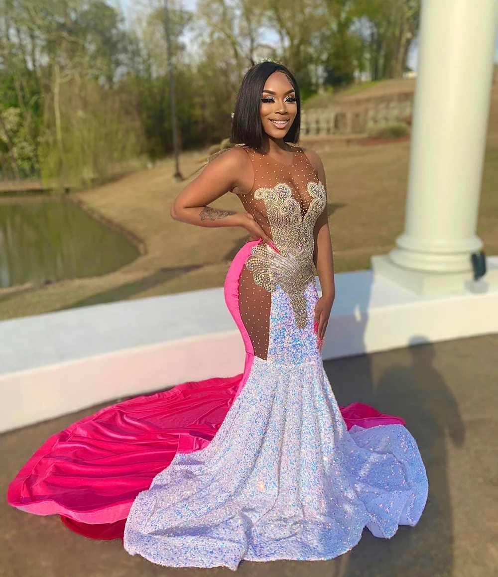 

Sexy Mermaid Long Prom Dresses 2022 New Handmade Crystals See Through Top Seuin Front Contrast African Girl Party Prom Gowns