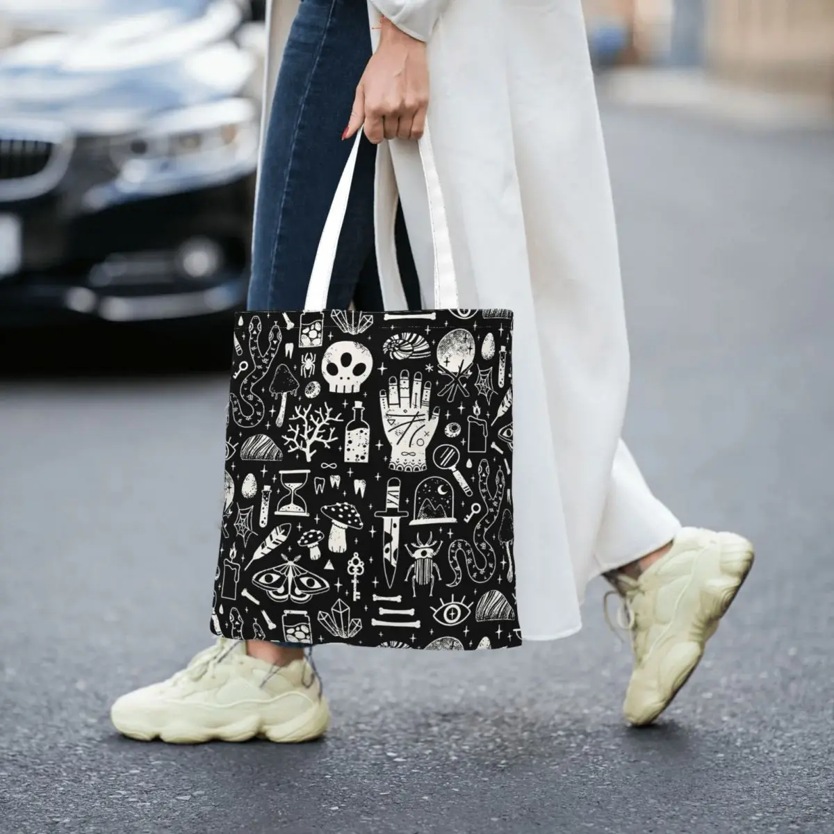 Curiosities, Bone Black Women Canvas Handbag Large Capacity Shopper Bag Tote Bag withSmall Shoulder Bag