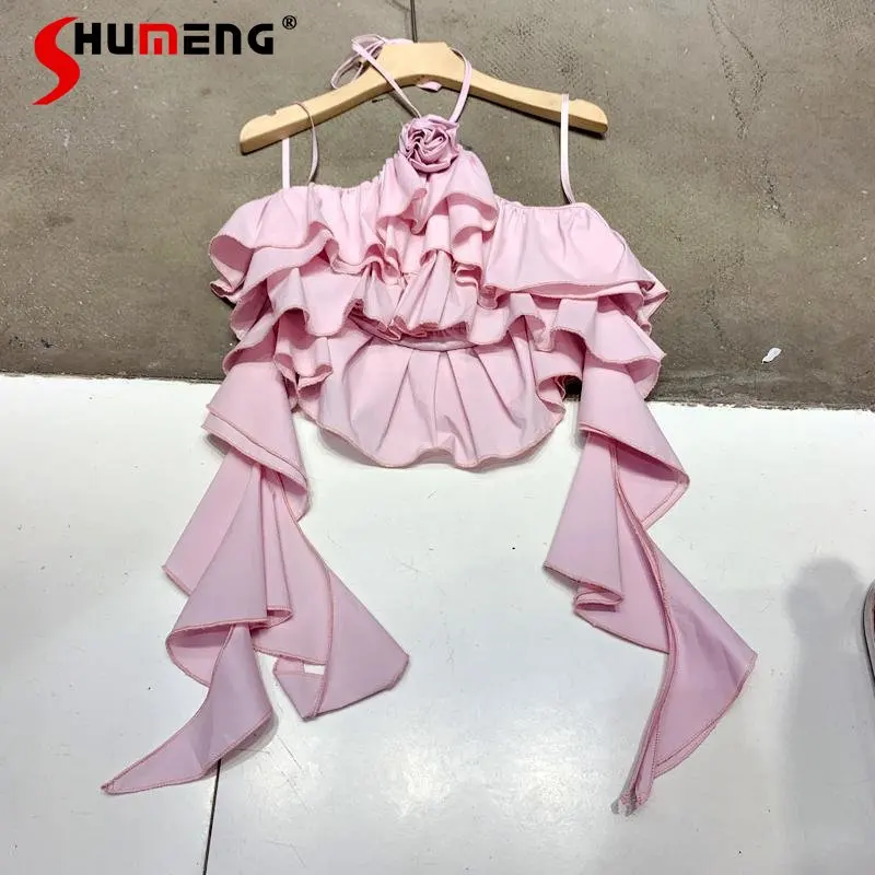 

French Flower Halterneck with Suspenders Vest Design Sense Niche Sweet Hot Girl Pink Color Short Sleeveless Crop Top