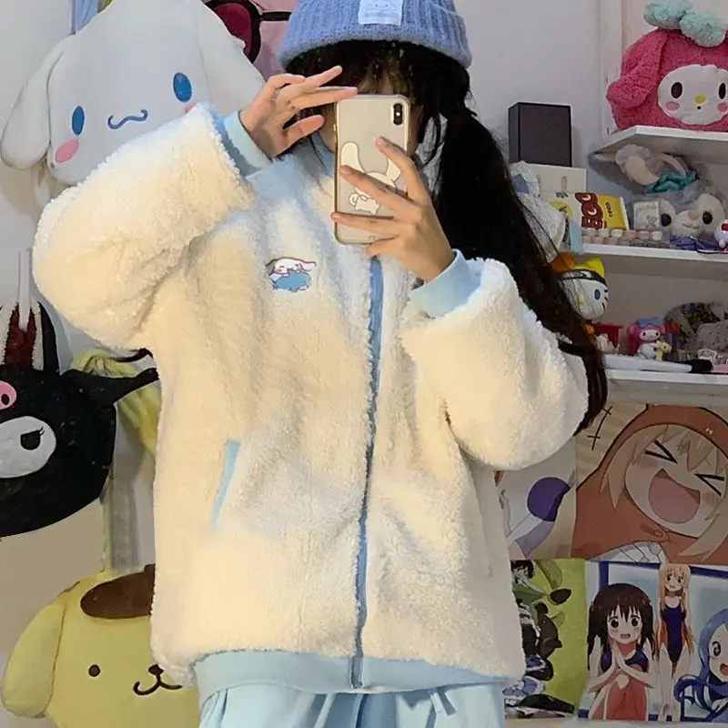 

Куртка Sanrio из овечьей шерсти, женское флисовое пальто с мультяшным рисунком, зимнее повседневное модное кавайное утепленное мягкое пальто ...