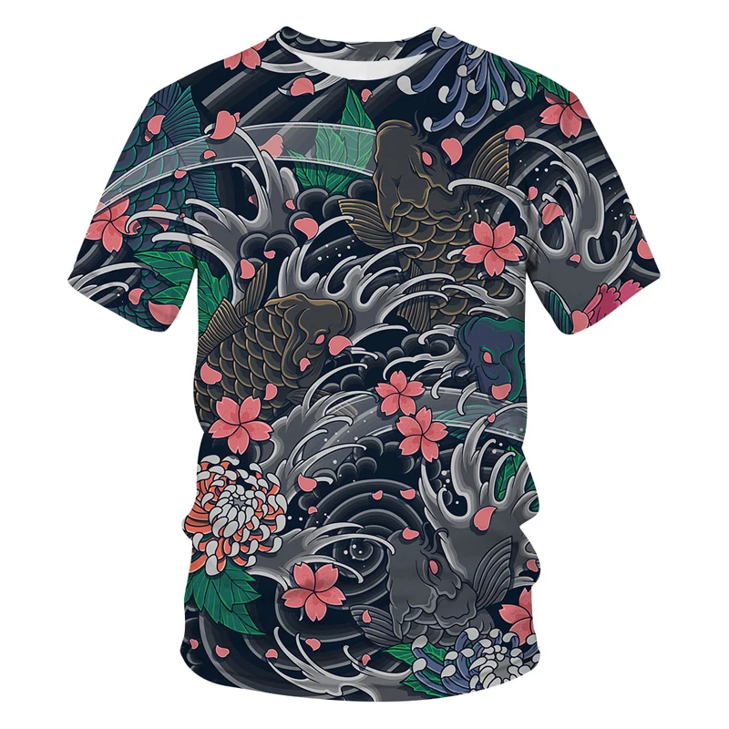 

Fashionable Men's Casual Top T-shirt Koi Pattern O Collar Style Short Sleeve Play 3D Printed Street Trend All-match Quality Top