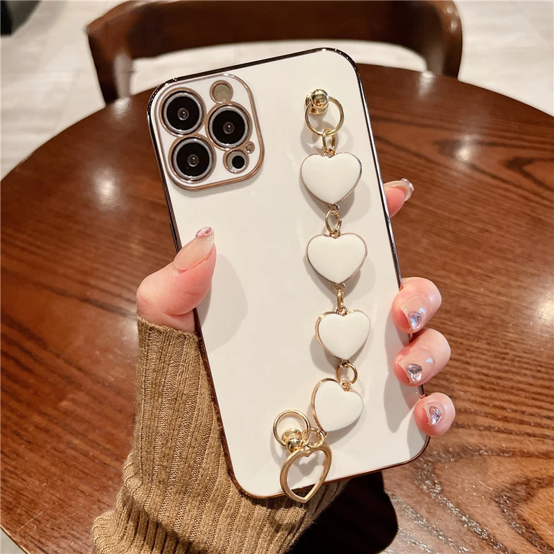 

14 12 11 13 Pro Max 14pro Plating Love heart chain wrist bracelet soft case for iPhone 14 12 11 13 Pro Max 14pro 13 pro 12 Cover