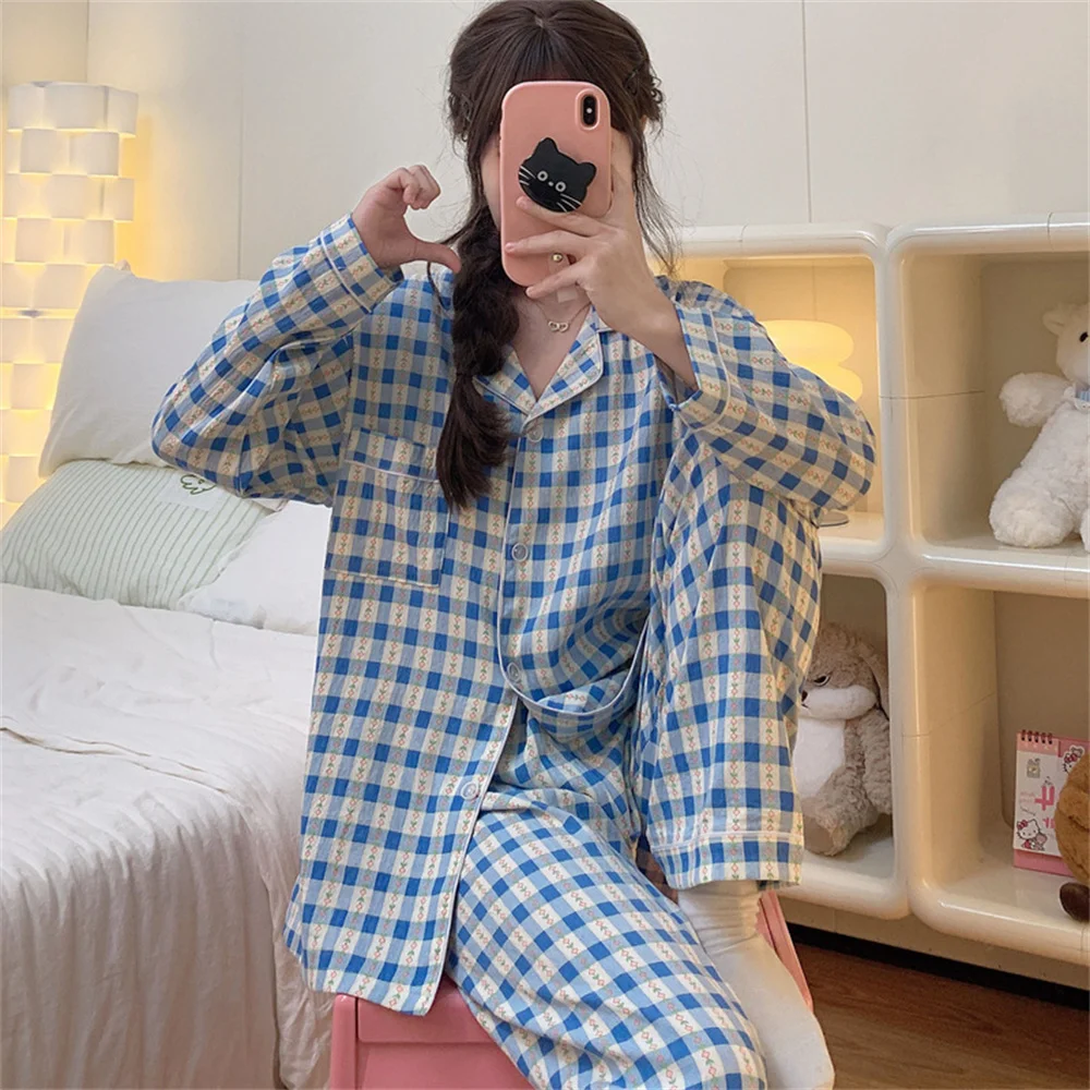 Женский пижамный комплект осенняя синяя клетчатая одежда для сна пижамы с