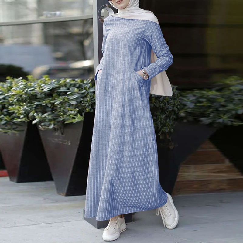 Vintage Striped Muslim Fashion Dress Women Abayas Turkey Hijab Dresses Casual Loose Long Sleeve Kaftan Islamic Robe 5XL Vestidos