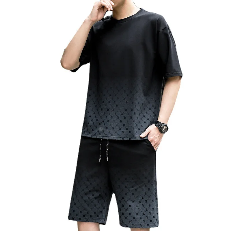 2023 Summer New Printing Gradient Color Set Men's Short Sleeve T-shirt+Casual Shorts Sports Two Piece Set Handsome Men Clothing