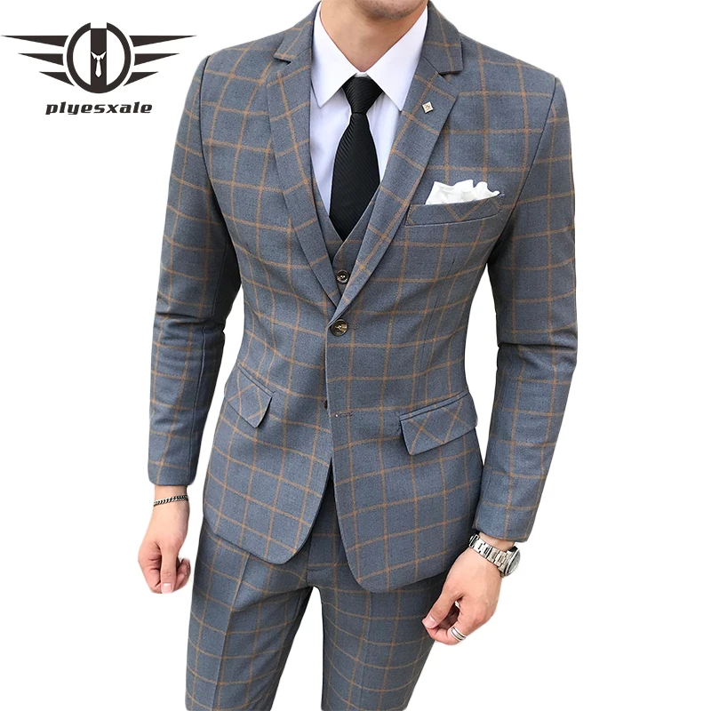 

Plyesxale Navy Blue Burgundy Grey Plaid Suit For Men Slim Fit Groom Wedding Suit High Quality Mens Suits Designers 2022 Q334