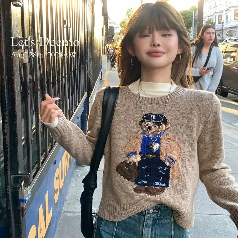 Новый осенний вязаный свитер женский милый медведь с вышивкой круглый вырез