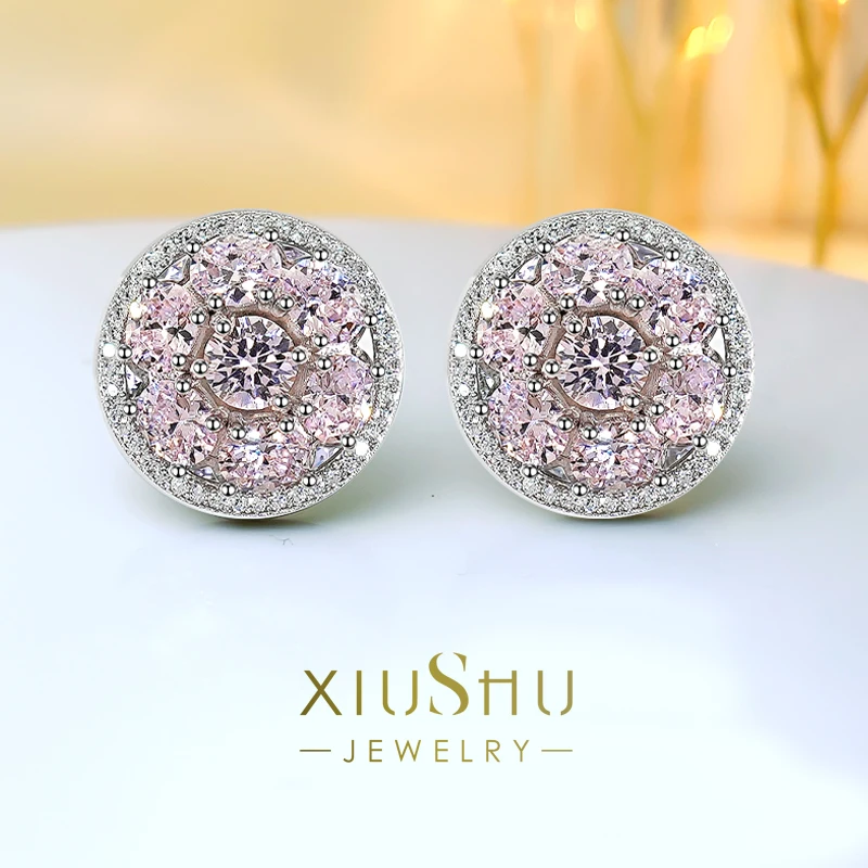 

Luxury and Versatile, Niche Design with Round Diamond Pink 925 Pure Silver Ear Studs Embedded with High Carbon Diamonds