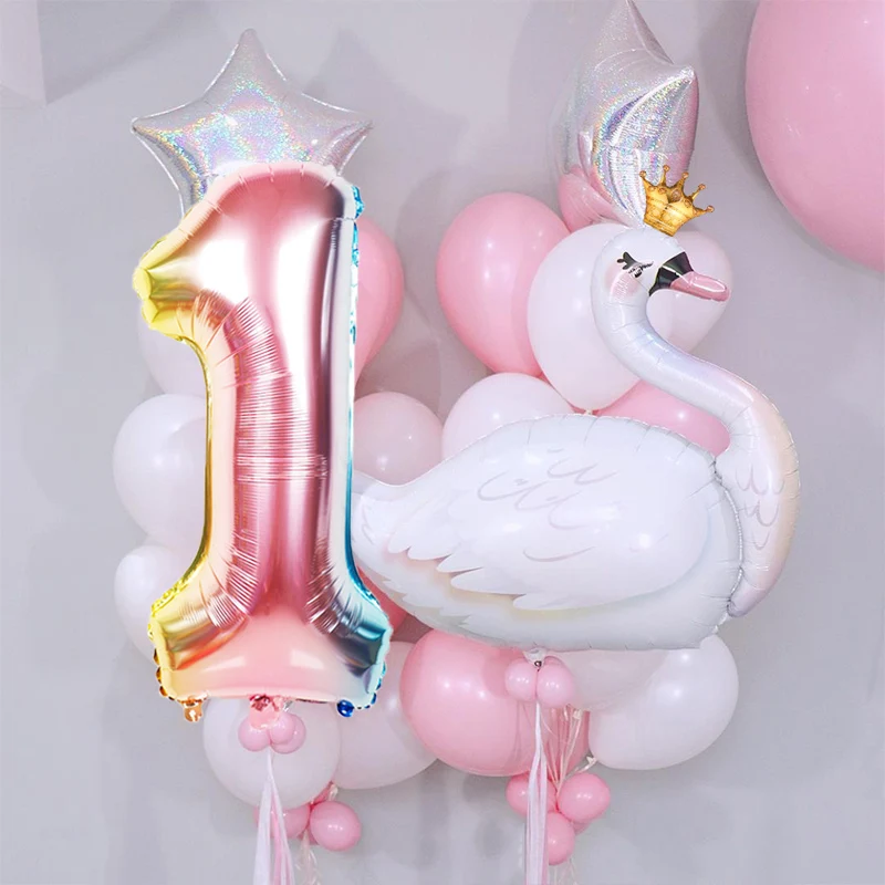 

Big White Elegant swan balloons 32 Inch Pink Number Foil Balloon for 1st Birthday Party Sweet Decor Air Helium Globos Kids Toys