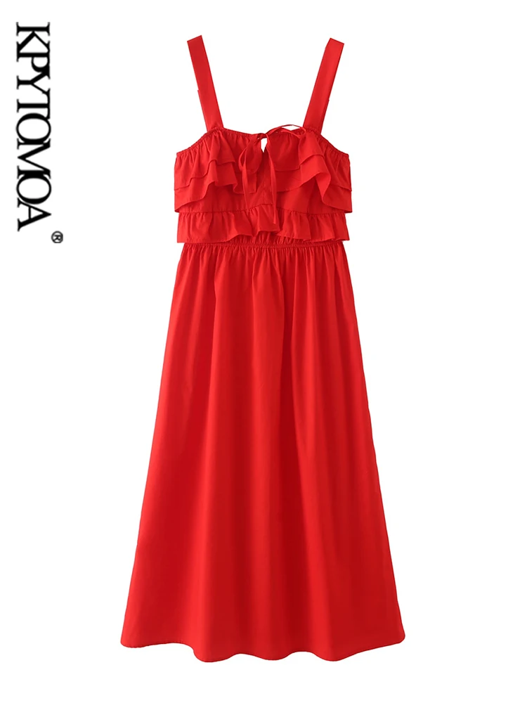 

KPYTOMOA Women Fashion With Tied Ruffled Midi Dress Vintage Backless Zipper Straps Female Dresses Vestidos Mujer