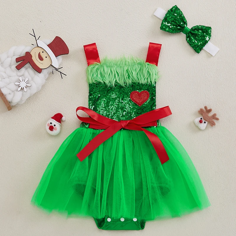Baby Girl Christmas Outfit Sequin Fuzzy Trim Sleeveless Romper Dress Bow Headband 2 Piece Set