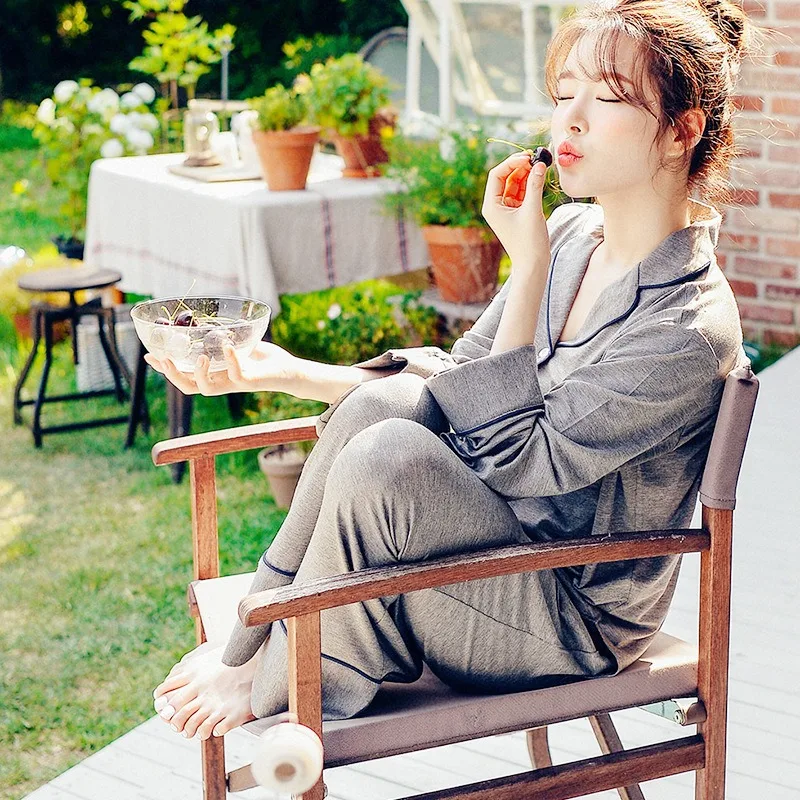 Пижамные комплекты женские с длинным рукавом однотонные свободные дышащие