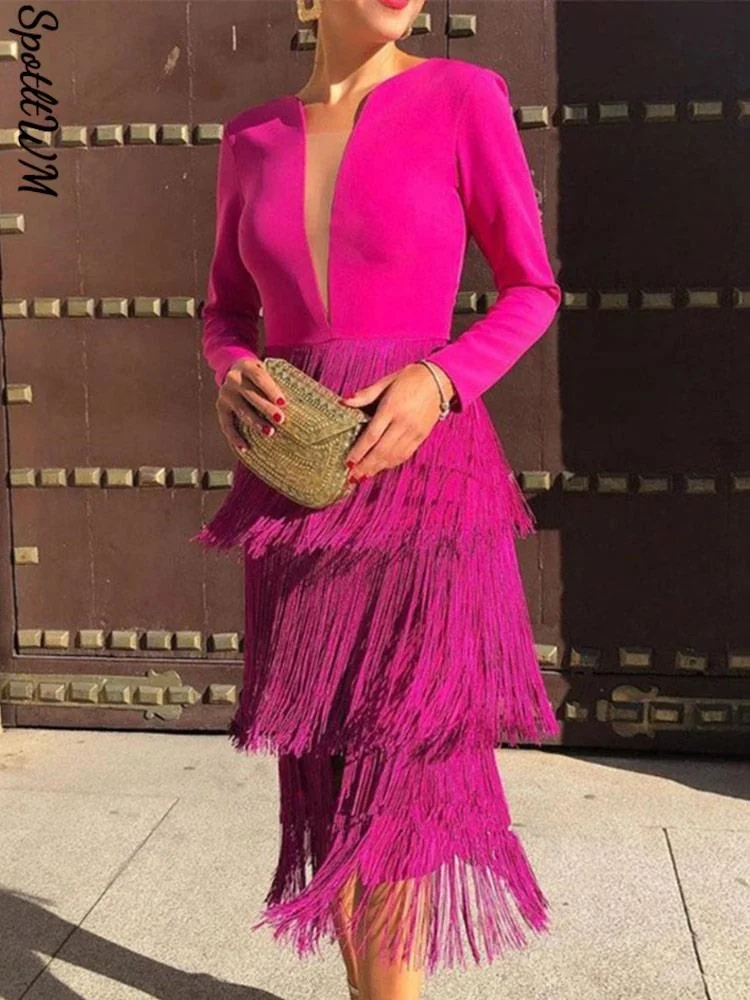 

Соблазнительное Сетчатое лоскутное облегающее платье миди с кисточками, женское модное прозрачное облегающее платье с длинным рукавом, Клубная одежда для дня рождения, весенние платья