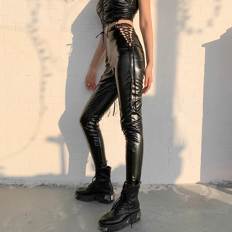 

Pu Leather Lace High Waist Pants Women Fashion Y2K Trousers Women 2023 Autumn and Winter Clothes Punk Sexy Streetwear