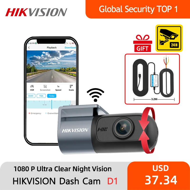 

HIKVISION D1 Dash Cam For Car for Vehicle Mini Hidden Video Recorder 360° 2K Night Vision Car DVR 24H Monitoring Step-Down Cable
