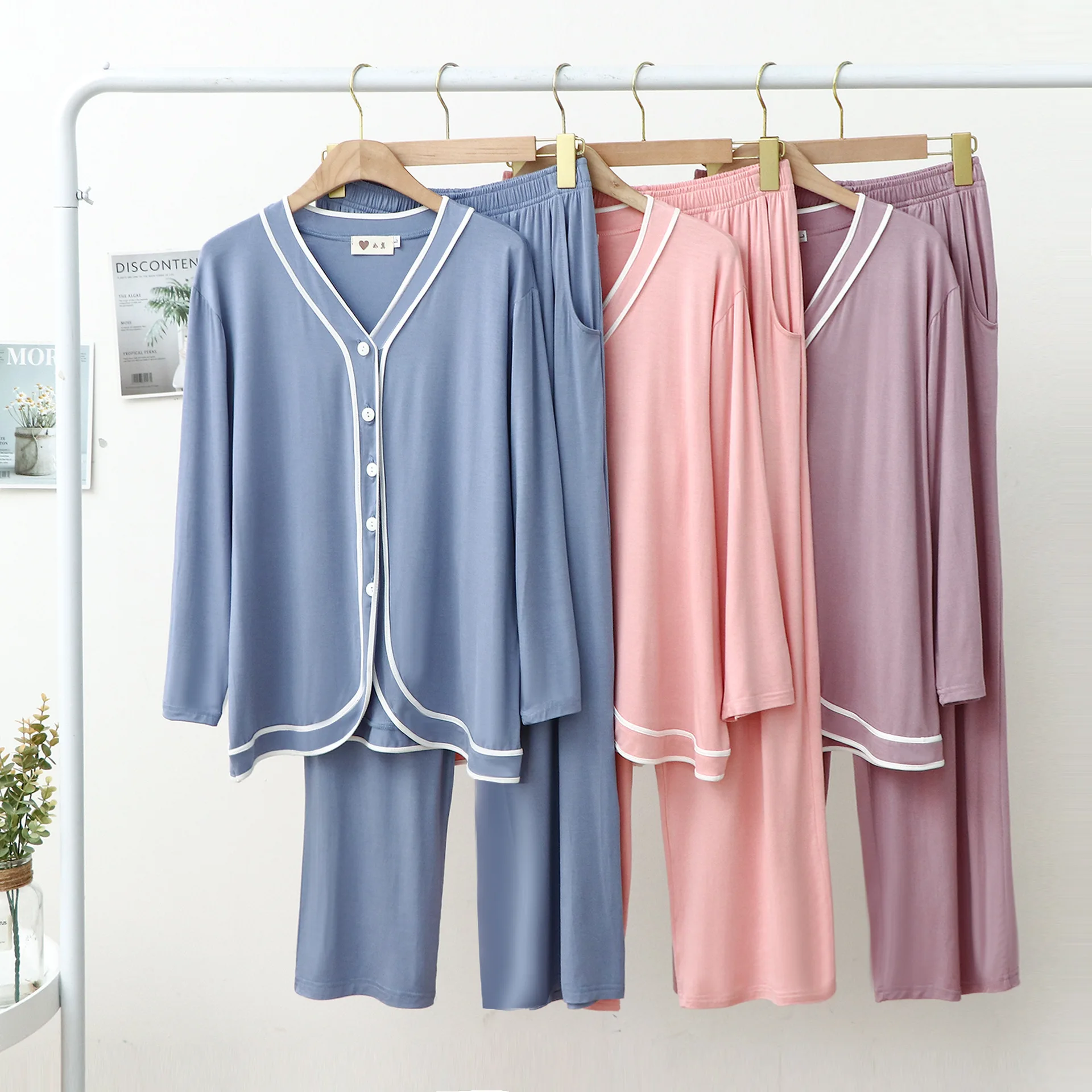 Modal Pajamas Women Tracksuit Cardigan Hemming Long Sleeve Trousers Two Piece Set Pocket Solid Color Leisure Suits Lounge Wear