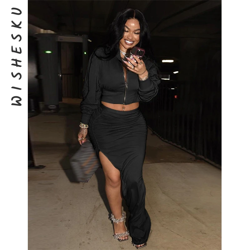 

Женский костюм из двух предметов, привлекательный укороченный топ на молнии с высоким воротником и длинным рукавом и юбка макси с высокой талией, весна-осень 2023, костюм на день рождения