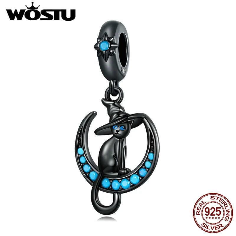 

WOSTU 100% Real 925 Sterling Silver Vintage Witch Cat Pendant Charms Beads Fit Original DIY Bracelet Necklace Fine Jewelry Gifts