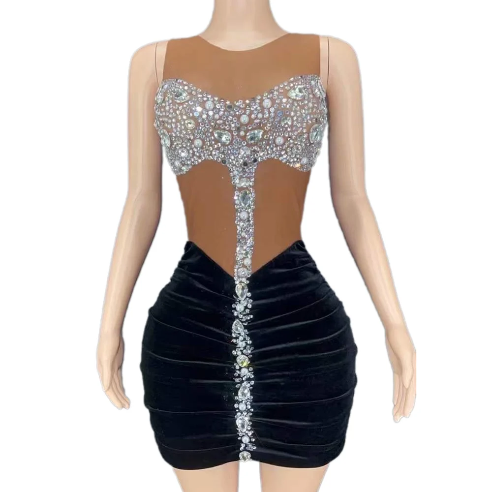 

Nude Shining Rhinestones Sleeveless Sexy Brown Swan Velvet Dress For Women Nightclub Party Clothing Stage Singer Costumes