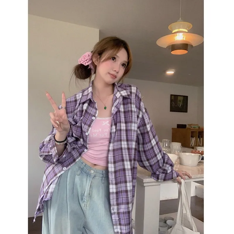 Женская клетчатая рубашка Повседневная однобортная блузка с отложным