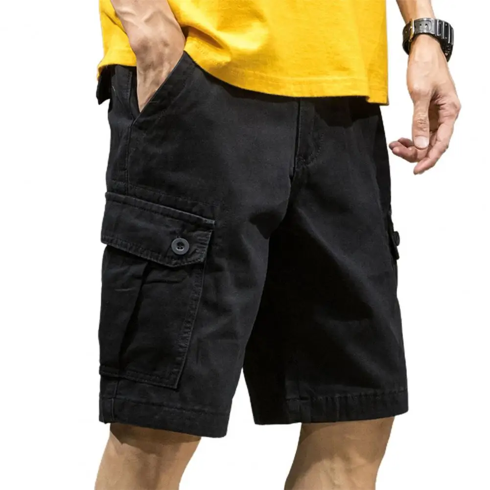 

Hot！Multi Pockets Button Flying Summer Shorts Mid Rise Solid Color Straight Cargo Shorts Streetwear