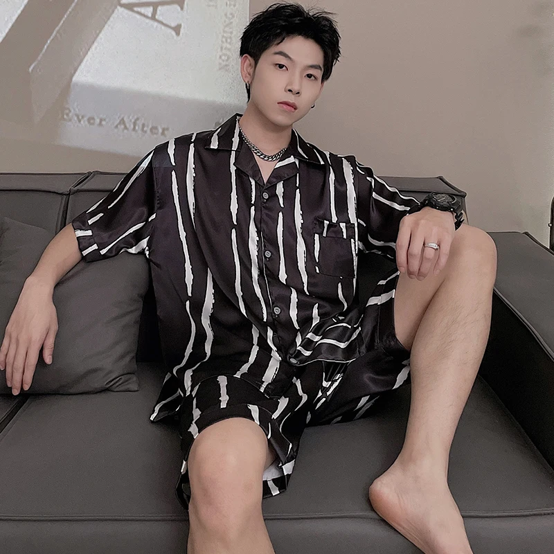 Men Satin Pajamas Set Short Sleeve Casual Home Wear Soft Spring Summer Leisure Silk Boy Pajama Sets Soft Leisure Sleepwear Suit