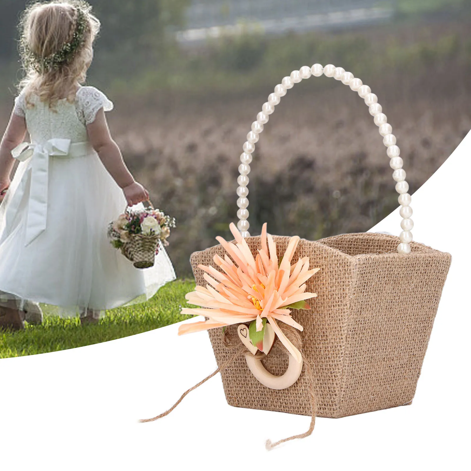 

Flower Girl Basket Retro Linen Lovely Appearance Pearl Handle Light Weight Pearl Portable Flower Basket For Weddings