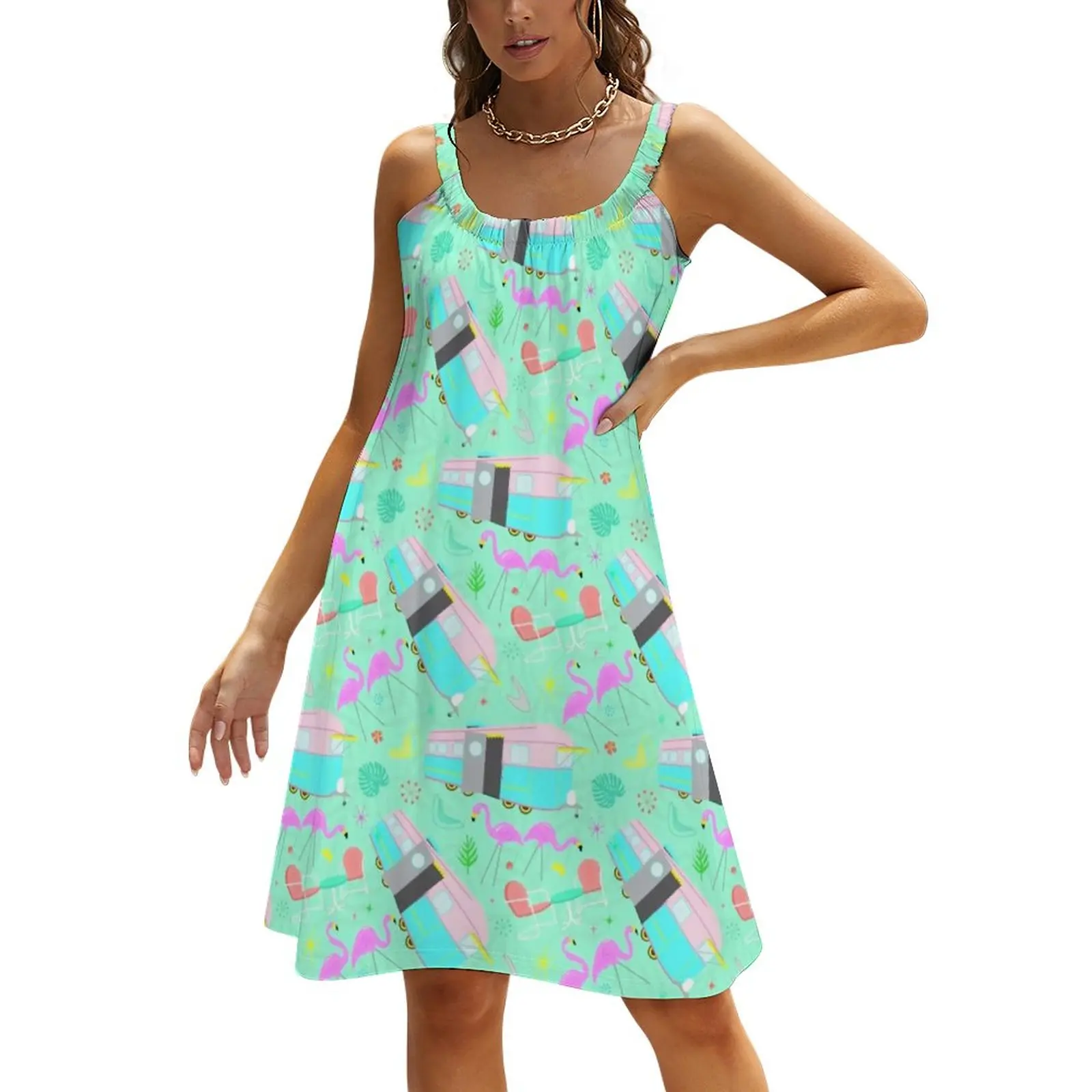 

Vacation Beach Dress Mid Century Retro Yard Flamingos Elegant Dresses Summer Oversize A Line Sundress Female Pattern Vestidos