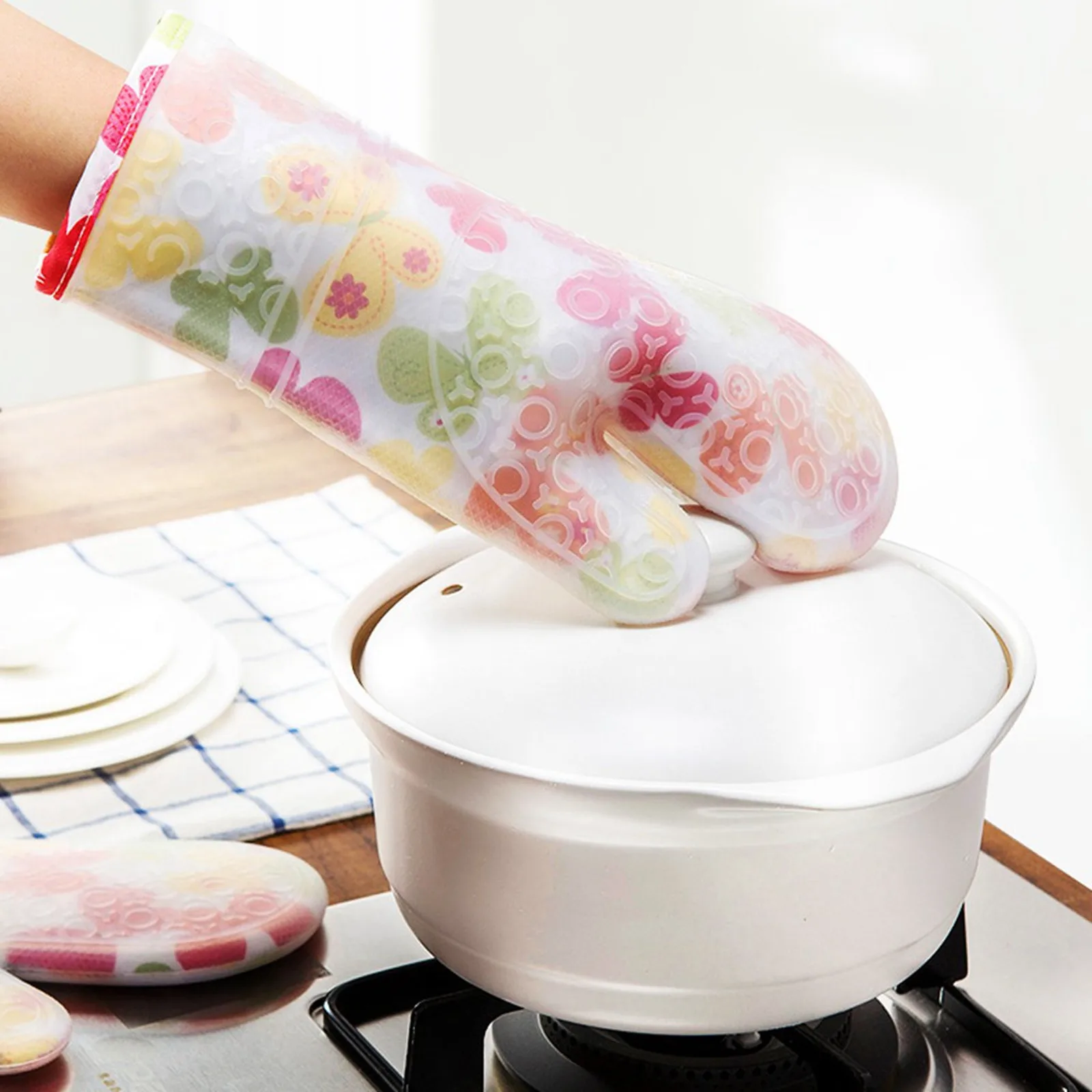 2pc/set Microwave Baking Bbq Glove Cotton Cute Oven Mitts Heat Resistant Linen Potholders Non-slip Kitchen Cooking Tools Mitten