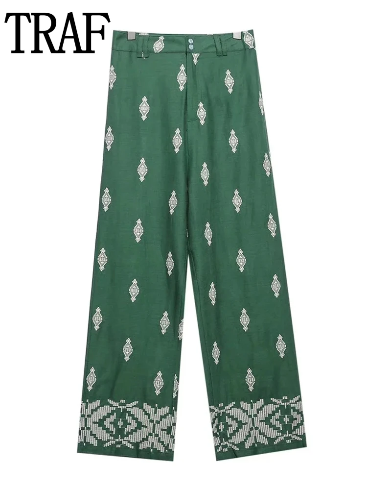 

Брюки-Багги женские с вышивкой и высокой талией, зеленые