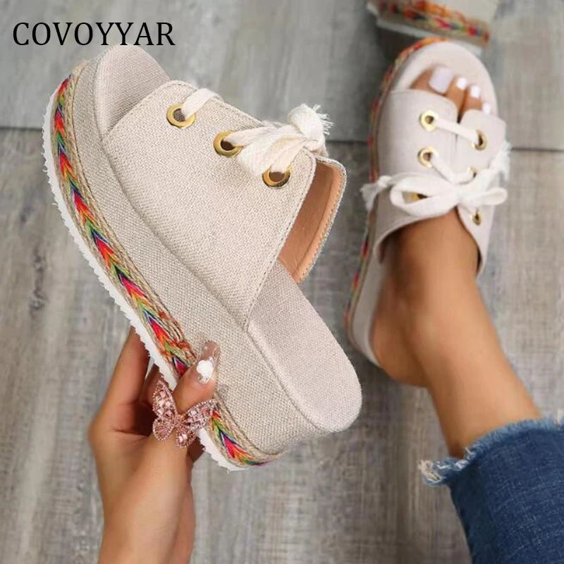 

COVOYYAR Summer Wedge Slippers Women Lace Up Mixed Color Bohemian Ladies Slide Sandals Platform Pumps White Shoes WSL306