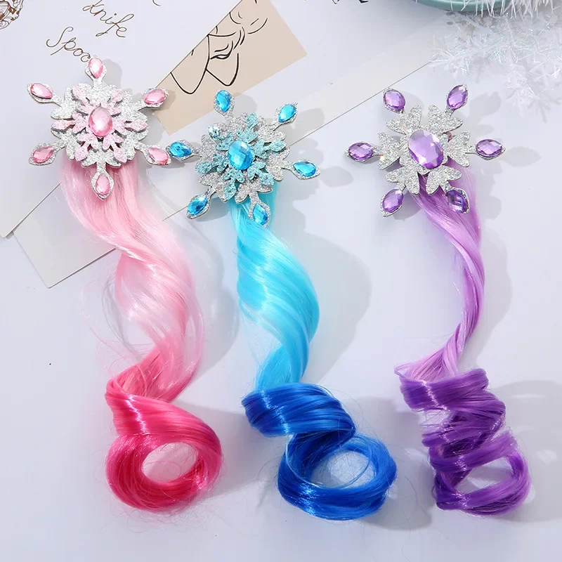 

Frozen Disney Princess Hairpin Anime Elsa Snowflake Gradient Wig Beautiful Girl Braided Hair Rope Cosplay Accessories Kids Gift