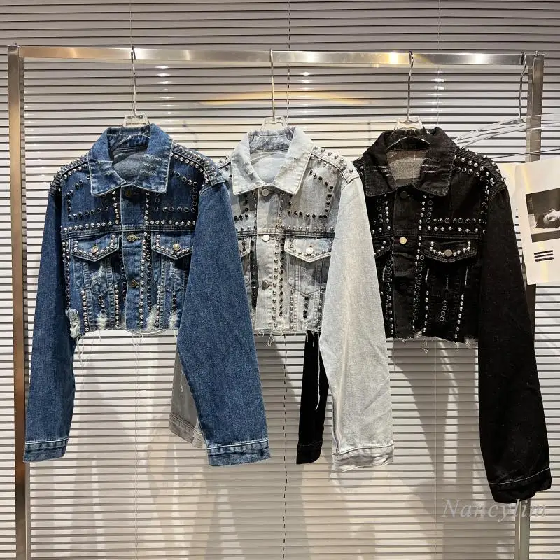 

Harajuku Denim Jacket Women 2022 Spring New Street Punk Heavy Industry Metal Rivet Catch Raw Edge Jean Jacket Short Top