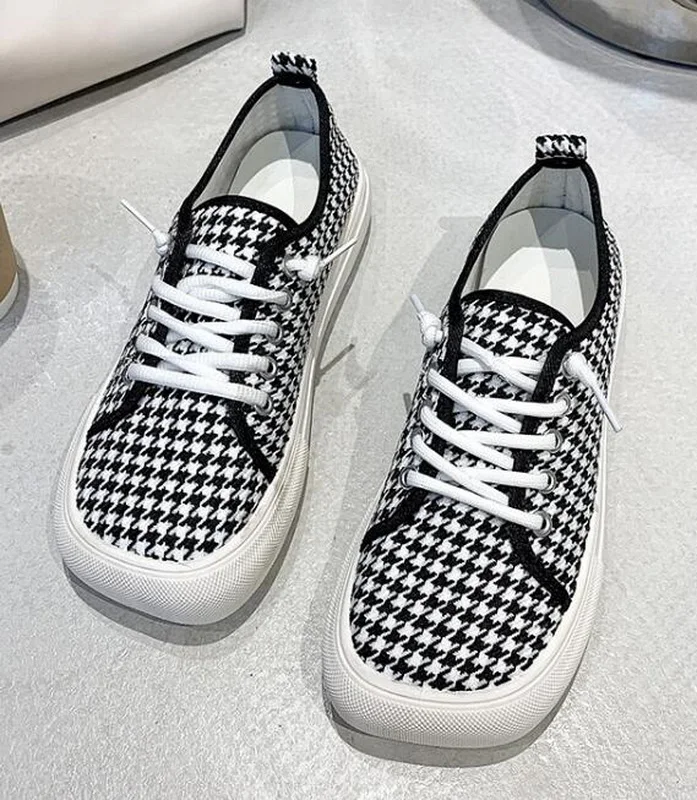 VXO Thick-Soled Canvas Shoes Women's Square Toe Lace-Up Sneakers Plaid Leopard Print Schoolgirls' Shoes