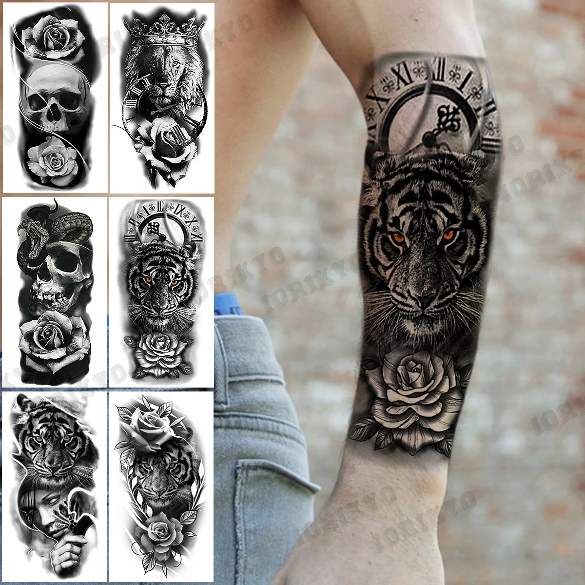 

Tiger Compass Rose Flower Temporary Tattoos For Women Adult Men Skull Lion Crown Fake Tattoo Waterproof Body Art Painting Tatoos