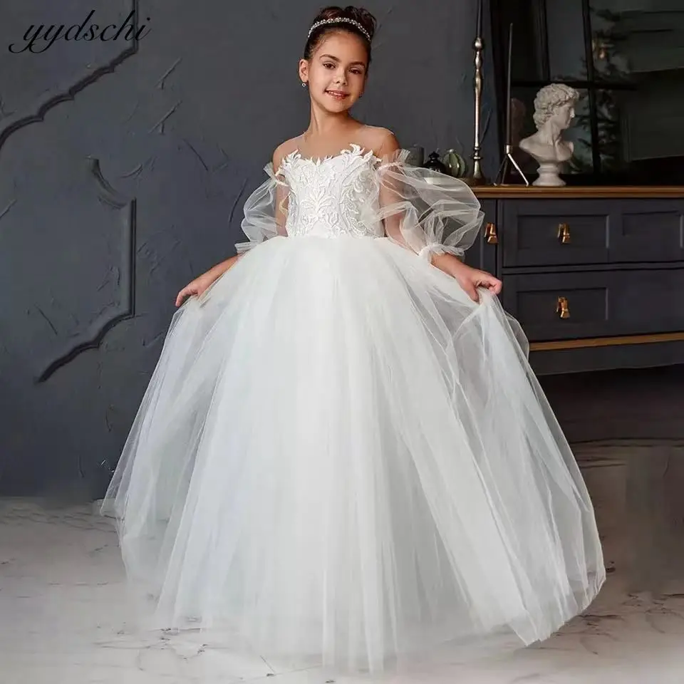 

Elegant White Puffy Long Sleeves Flower Girl Dresses For Wedding 2023 Illusion Tulle Appliques Princess First Communion Gowns