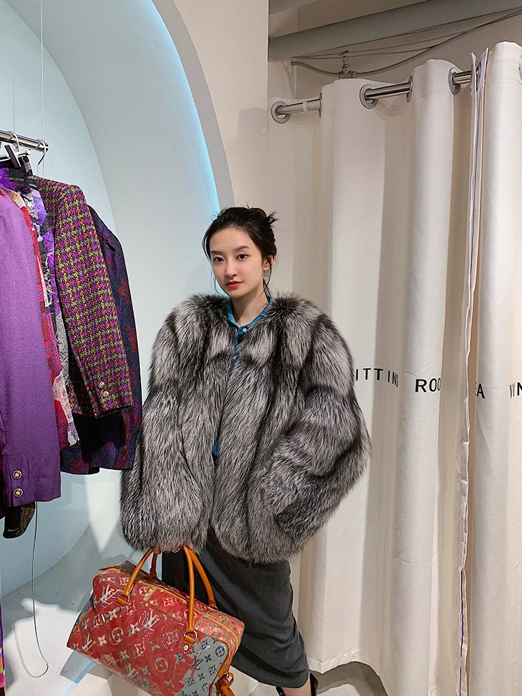 Luxury Genuine Fur Coat Winter Women Real Silver Fox Fur Coat Jacket Covered Button Thick Warm Causal Blue Fox Fur Coat