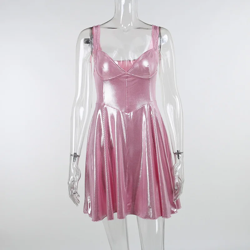 

2022 New Strap Designer Pink Shiny Sling Casual Sexy Backless Women's Clothes One Piece Basic Evening Party Mini Dress